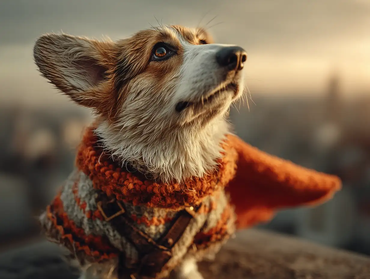 Fluffy corgi wearing a superhero cape standing proudly on a rooftop at sunrise, soft cinematic lighting, photorealistic fur texture,Manga